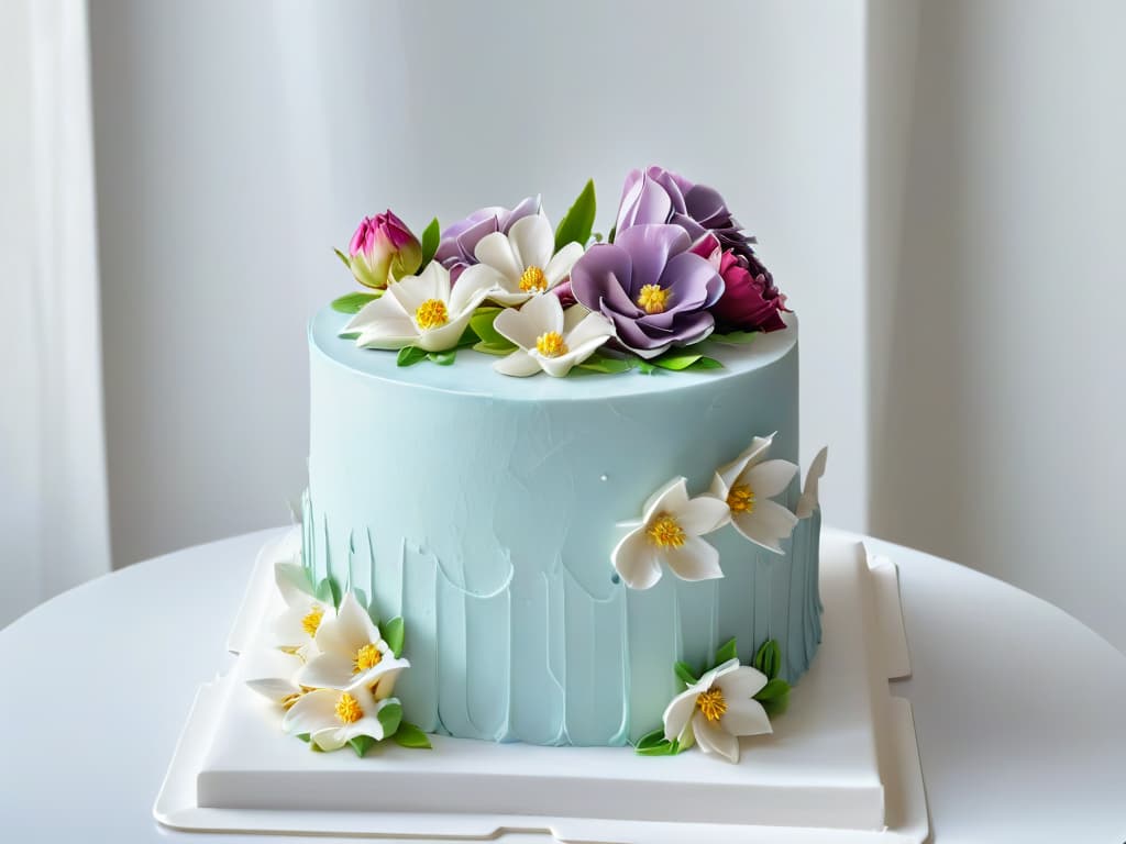  A minimalistic yet captivating image of a beautifully decorated threetiered cake, adorned with intricate sugar flowers in pastel hues, sitting elegantly on a white marble countertop. The soft, natural light filtering through a nearby window highlights the meticulous details of the cake, casting delicate shadows on the pristine surface below. The simplicity of the composition draws the eye to the expert craftsmanship and artistry of the confection, evoking a sense of elegance and sophistication. hyperrealistic, full body, detailed clothing, highly detailed, cinematic lighting, stunningly beautiful, intricate, sharp focus, f/1. 8, 85mm, (centered image composition), (professionally color graded), ((bright soft diffused light)), volumetric fog, trending on instagram, trending on tumblr, HDR 4K, 8K