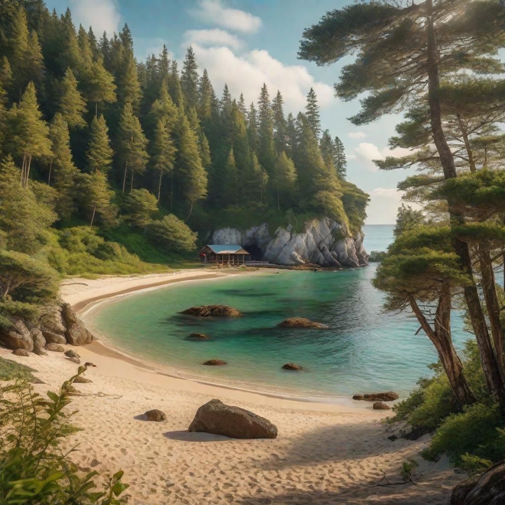  Noon, a beautiful well-groomed beach with small shells, located in the forest, a short wide wooden pier goes into the sea, a bonfire and a wide green camping tent on the shore, dolphins swim in the distance, a beautiful landscape hyperrealistic, full body, detailed clothing, highly detailed, cinematic lighting, stunningly beautiful, intricate, sharp focus, f/1. 8, 85mm, (centered image composition), (professionally color graded), ((bright soft diffused light)), volumetric fog, trending on instagram, trending on tumblr, HDR 4K, 8K