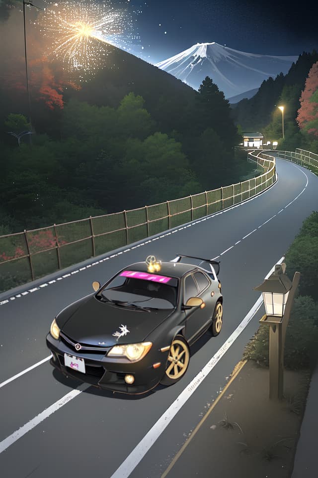  Anime, beautiful anime, recent animation touch, night, athlete girl running on a very dark passing road, in parallel sprinter Treno, AE86, wings growing in the car, headlight like eyes, light from the eyes , Laughing, white and black two tone training wear, angel wings grow, Japanese Hakone Pass, Mountain Trees, Headlight Light, Light particles, fences, hairpin curves, center Line, rusted guardrail,