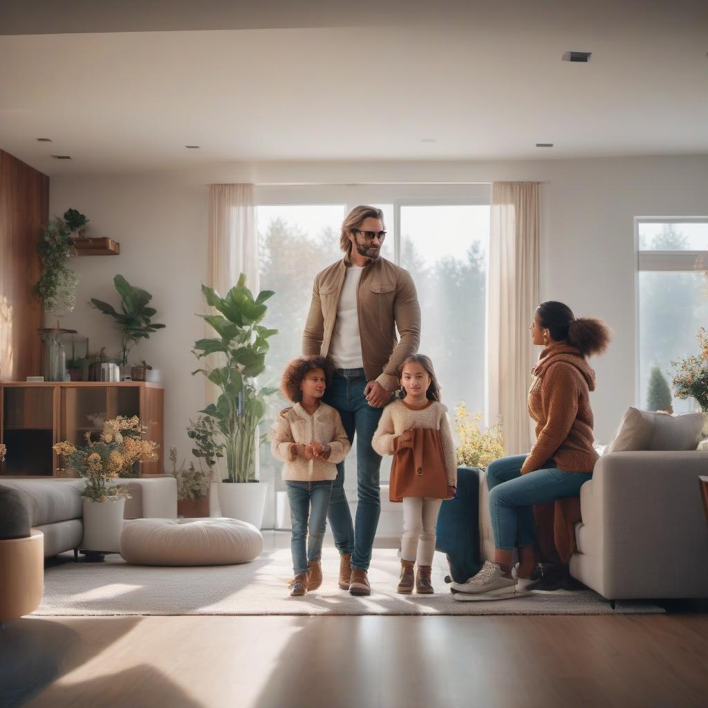  A contemporary family in a contemporary home with children. hyperrealistic, full body, detailed clothing, highly detailed, cinematic lighting, stunningly beautiful, intricate, sharp focus, f/1. 8, 85mm, (centered image composition), (professionally color graded), ((bright soft diffused light)), volumetric fog, trending on instagram, trending on tumblr, HDR 4K, 8K