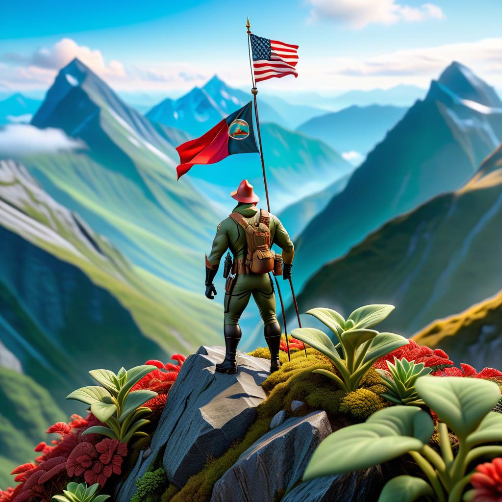  A cartoony man conquers the peak of a mountain and plants a flag there. hyperrealistic, full body, detailed clothing, highly detailed, cinematic lighting, stunningly beautiful, intricate, sharp focus, f/1. 8, 85mm, (centered image composition), (professionally color graded), ((bright soft diffused light)), volumetric fog, trending on instagram, trending on tumblr, HDR 4K, 8K