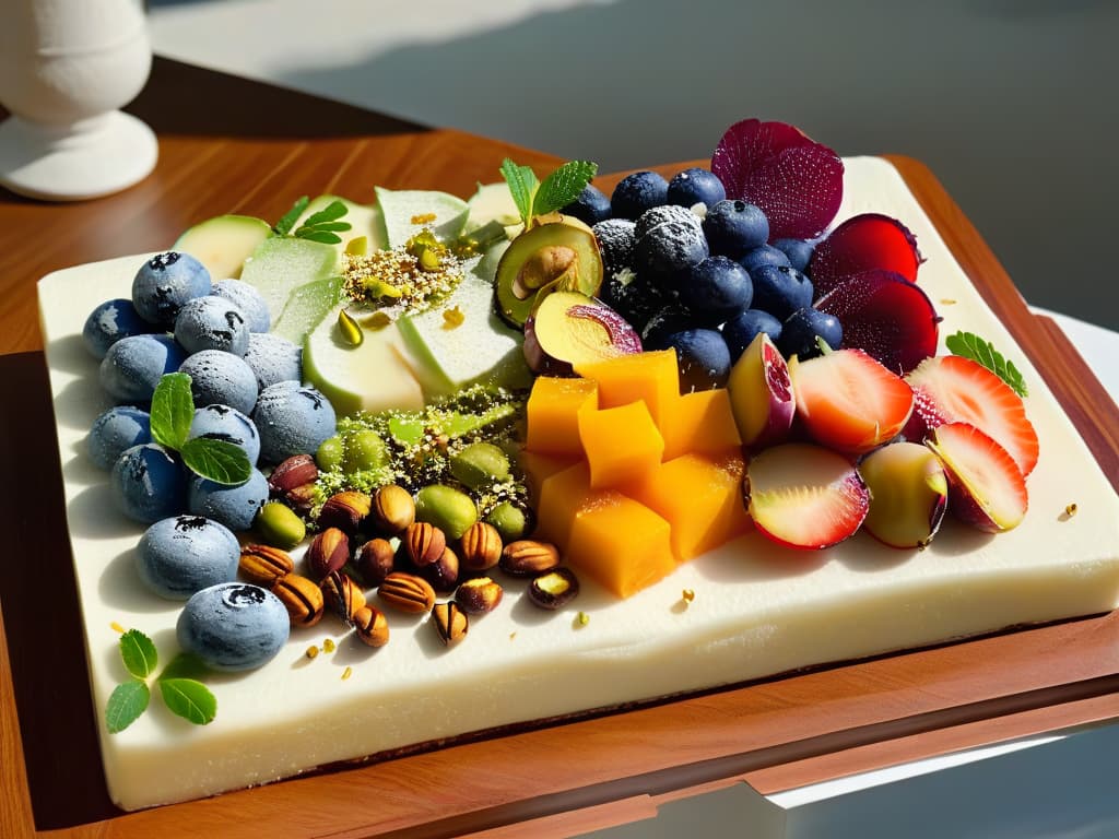  An intricately arranged flat lay image featuring a selection of different Halawa variations, neatly presented on a sleek marble serving board. In the center, a smooth and creamy traditional Halawa topped with crushed pistachios is surrounded by modern twists like a vibrant blueberryinfused Halawa and a rich cocoadusted version. Each variation is garnished with matching fresh fruit and herbs, creating a visually stunning and mouthwatering display that showcases the diverse flavors of this beloved dessert. hyperrealistic, full body, detailed clothing, highly detailed, cinematic lighting, stunningly beautiful, intricate, sharp focus, f/1. 8, 85mm, (centered image composition), (professionally color graded), ((bright soft diffused light)), volumetric fog, trending on instagram, trending on tumblr, HDR 4K, 8K