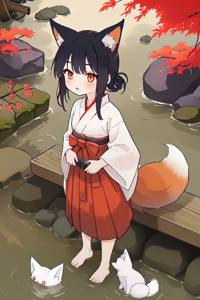  Hakama, haori, inu, tail, fox ears, fox wading, girl, cute