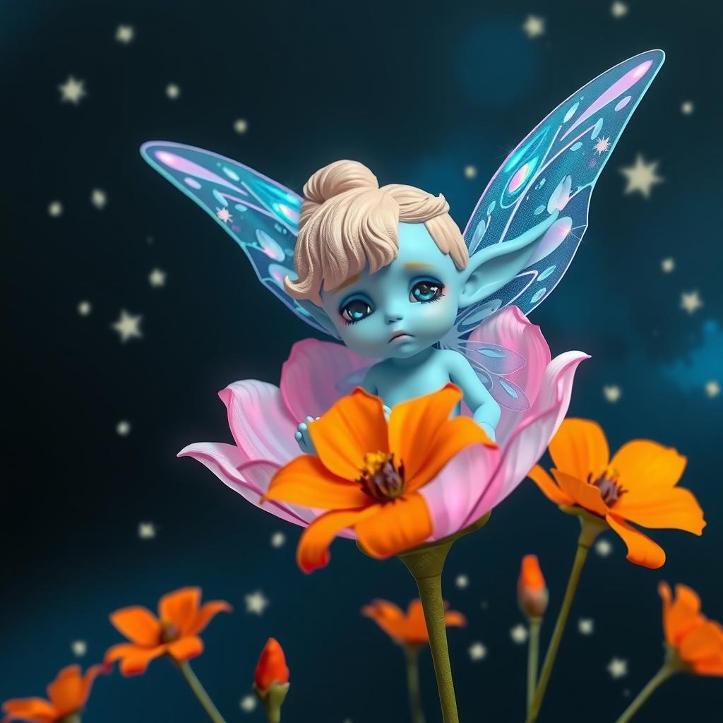  good quality, high quality, a small blue fairy with large ears sitting inside a glowing translucent flower, with a dark blue background and orange flowers in the foreground, the fairy is glowing with blue light, the flower is glowing with pink and purple light. the background is full of small white stars. the fairy has a sad expression. the image should be in a realistic style.