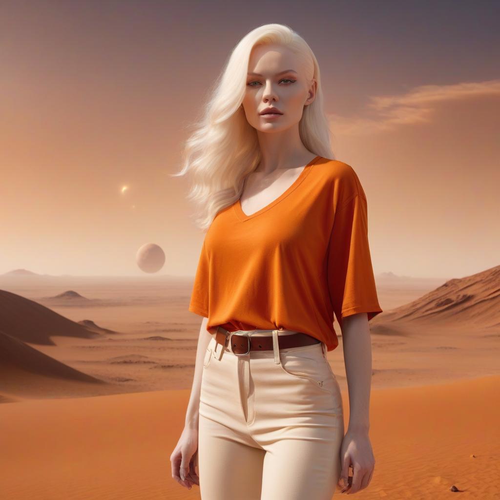  A fashionable albino model girl in an orange T shirt in the style of the dune movie stands against the background of the planet Mars hyperrealistic, full body, detailed clothing, highly detailed, cinematic lighting, stunningly beautiful, intricate, sharp focus, f/1. 8, 85mm, (centered image composition), (professionally color graded), ((bright soft diffused light)), volumetric fog, trending on instagram, trending on tumblr, HDR 4K, 8K