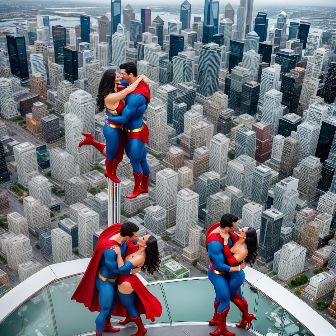  Create an image of Superman and Wonder Woman kissing in the space needle in Seattle Washington hyperrealistic, full body, detailed clothing, highly detailed, cinematic lighting, stunningly beautiful, intricate, sharp focus, f/1. 8, 85mm, (centered image composition), (professionally color graded), ((bright soft diffused light)), volumetric fog, trending on instagram, trending on tumblr, HDR 4K, 8K