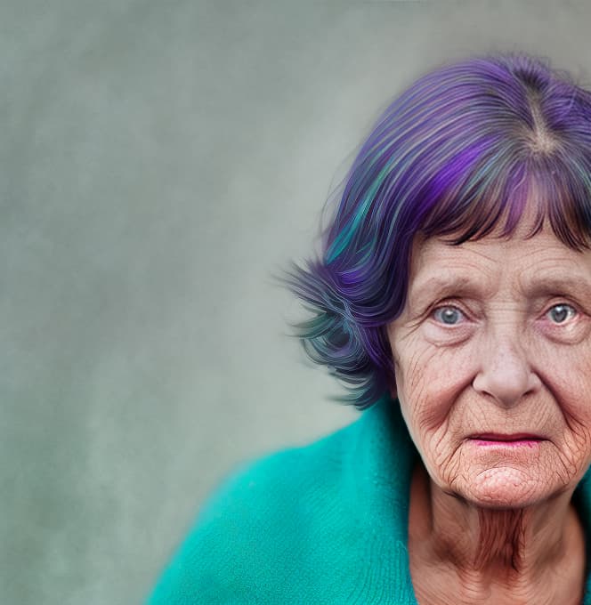 portrait+ style ager, old woman, dark brown hair, violet highlights, brown skin, teal eyes, violet 