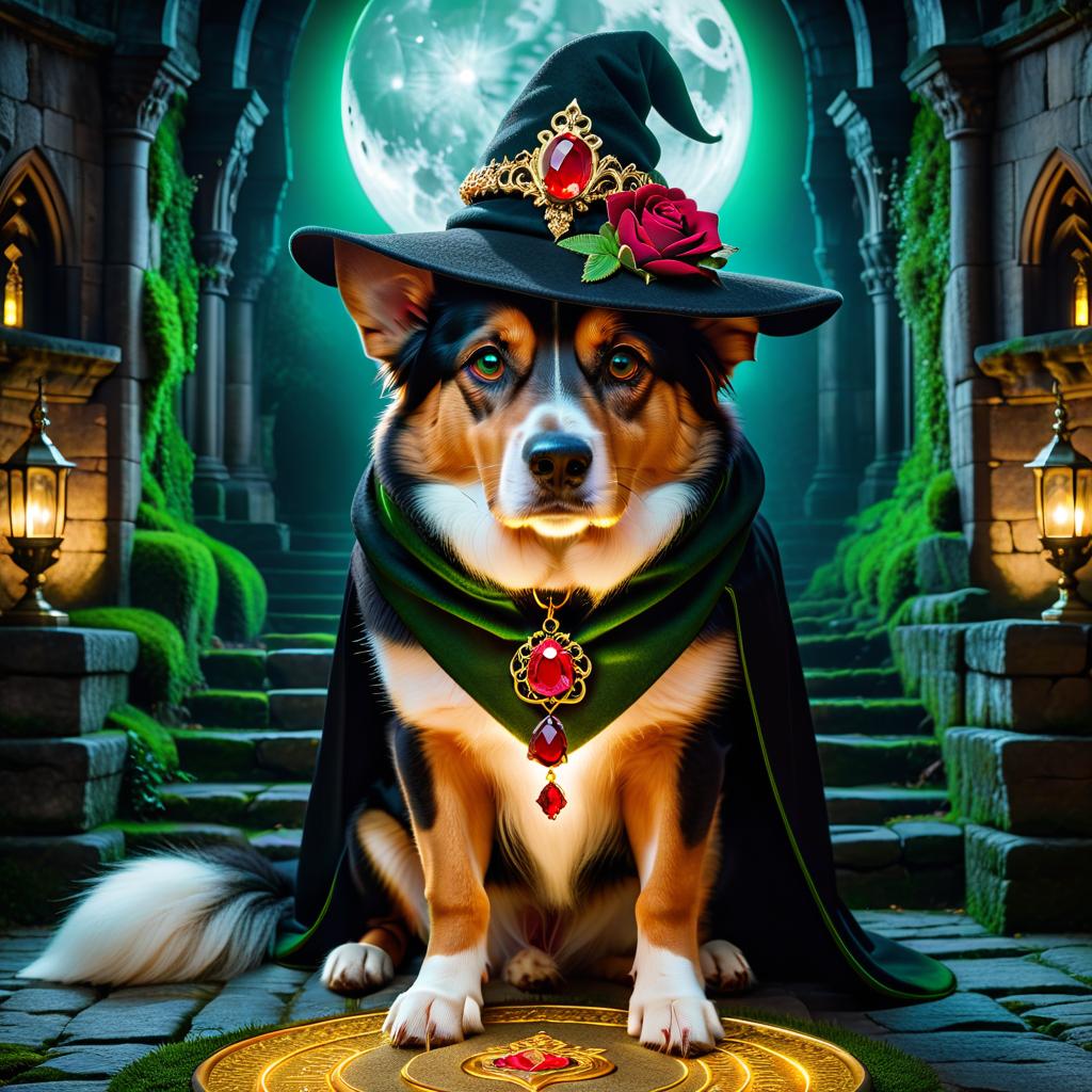  gothic style (Background):Moonlit night spires of an ancient stone building between the stones of which moss grows. At the bottom of a stone staircase, a dog sits on a wide platform. In front of him is a golden magic circle. (Dog): black brown with golden underparts, with green eyes. He is wearing a black cloak with a rose pin. On his head is a hat with a gold buckle and a red rosebud. Around his neck is a golden magic pendant with a red gemstone. Translated with DeepL.com (free version) . dark, mysterious, haunting, dramatic, ornate, detailed, hkmagic hyperrealistic, full body, detailed clothing, highly detailed, cinematic lighting, stunningly beautiful, intricate, sharp focus, f/1. 8, 85mm, (centered image composition), (professionally color graded), ((bright soft diffused light)), volumetric fog, trending on instagram, trending on tumblr, HDR 4K, 8K