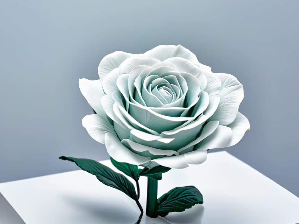  A closeup, ultradetailed image of a delicate sugar sculpture in the form of a blooming rose, showcasing intricate details like delicate petals, graceful curves, and light reflections that highlight the artistry and fragility of sugar art. The sculpture is set against a plain white background, emphasizing its elegance and simplicity while conveying a sense of professionalism and inspiration in sugar sculpting. hyperrealistic, full body, detailed clothing, highly detailed, cinematic lighting, stunningly beautiful, intricate, sharp focus, f/1. 8, 85mm, (centered image composition), (professionally color graded), ((bright soft diffused light)), volumetric fog, trending on instagram, trending on tumblr, HDR 4K, 8K