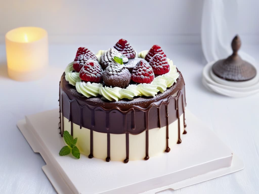  A stunning minimalistic image of a decadent vegan chocolate cake, perfectly frosted with swirls of rich, dark ganache. The cake is elegantly decorated with fresh raspberries and delicate mint leaves, all placed on a sleek, white porcelain cake stand against a soft, blurred background that highlights the cake's intricate details and luxurious presentation. The lighting is soft, creating a warm and inviting ambiance that enhances the beauty and appeal of this modern vegan dessert masterpiece. hyperrealistic, full body, detailed clothing, highly detailed, cinematic lighting, stunningly beautiful, intricate, sharp focus, f/1. 8, 85mm, (centered image composition), (professionally color graded), ((bright soft diffused light)), volumetric fog, trending on instagram, trending on tumblr, HDR 4K, 8K