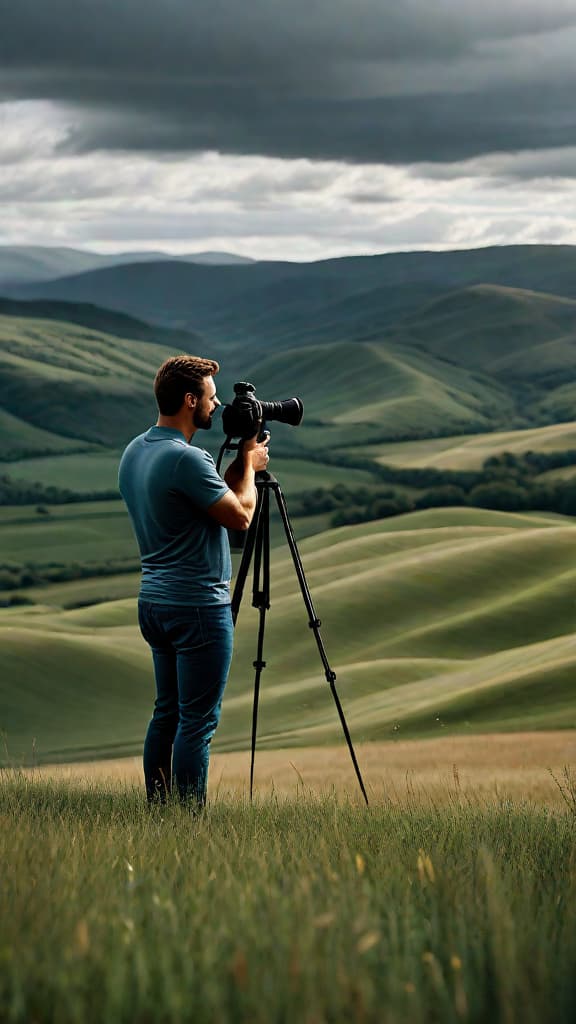  (A person standing in a field under a cloudy sky, holding a video camera and filming the scene in front of them. The field is surrounded by rolling hills or mountains in the distance, giving the scene a rural, natural setting.) hyperrealistic, full body, detailed clothing, highly detailed, cinematic lighting, stunningly beautiful, intricate, sharp focus, f/1. 8, 85mm, (centered image composition), (professionally color graded), ((bright soft diffused light)), volumetric fog, trending on instagram, trending on tumblr, HDR 4K, 8K