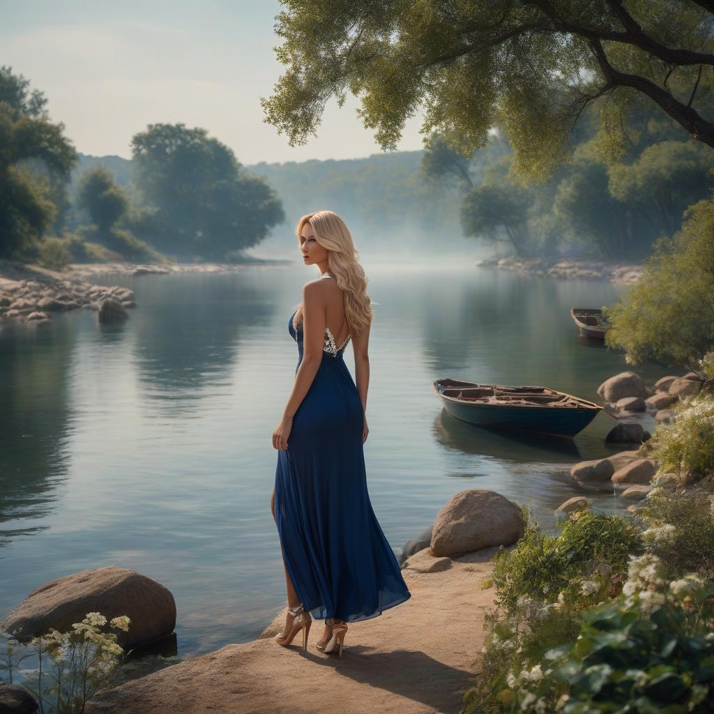  a woman in a dark blue + white dress, Selena, precious jewelry, long loose blonde hair, she walks along the riverbank, against the backgroun on villa with handsome man, beautiful fantasy, high detail,very bright design, realistic, cartoon style hyperrealistic, full body, detailed clothing, highly detailed, cinematic lighting, stunningly beautiful, intricate, sharp focus, f/1. 8, 85mm, (centered image composition), (professionally color graded), ((bright soft diffused light)), volumetric fog, trending on instagram, trending on tumblr, HDR 4K, 8K