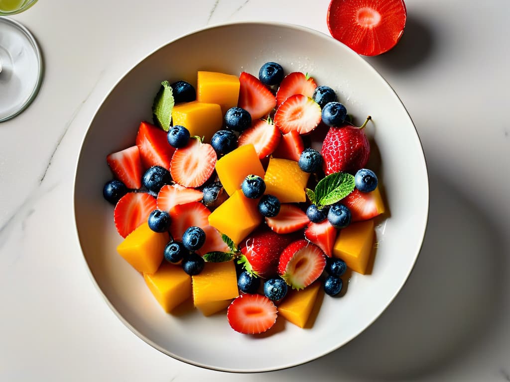  An ultradetailed minimalistic image of a vibrant, colorful fruit salad arranged meticulously in a sleek, modern bowl on a marble countertop, with drops of water glistening on the fruits, showcasing freshness and healthiness. hyperrealistic, full body, detailed clothing, highly detailed, cinematic lighting, stunningly beautiful, intricate, sharp focus, f/1. 8, 85mm, (centered image composition), (professionally color graded), ((bright soft diffused light)), volumetric fog, trending on instagram, trending on tumblr, HDR 4K, 8K