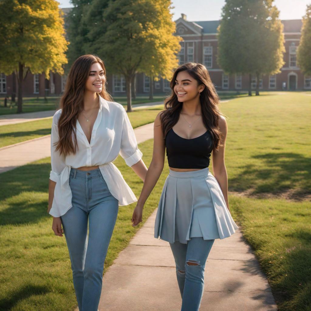  two high school girls, one aged 16 and the other aged 17, becoming best friends, sharing a special moment of friendship on school grounds hyperrealistic, full body, detailed clothing, highly detailed, cinematic lighting, stunningly beautiful, intricate, sharp focus, f/1. 8, 85mm, (centered image composition), (professionally color graded), ((bright soft diffused light)), volumetric fog, trending on instagram, trending on tumblr, HDR 4K, 8K