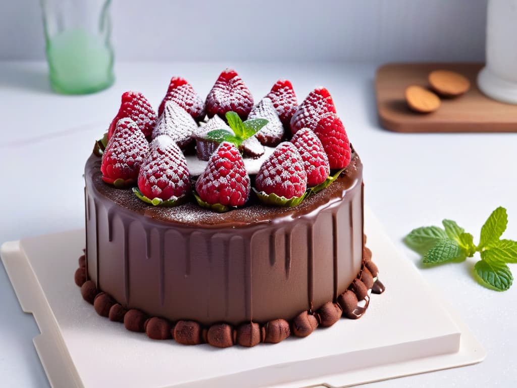  A minimalist, ultradetailed image of a beautifully decorated vegan chocolate cake topped with fresh raspberries and mint leaves, set on a sleek white marble cake stand against a soft, blurred background of a modern kitchen. hyperrealistic, full body, detailed clothing, highly detailed, cinematic lighting, stunningly beautiful, intricate, sharp focus, f/1. 8, 85mm, (centered image composition), (professionally color graded), ((bright soft diffused light)), volumetric fog, trending on instagram, trending on tumblr, HDR 4K, 8K