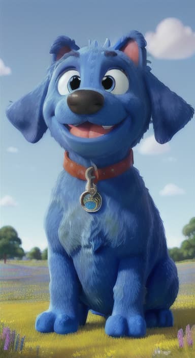  {A happy, big blue dog wagging its tail in a colorful meadow, The big blue dog is large with sky blue fur, big round eyes, a black nose, and floppy ears.