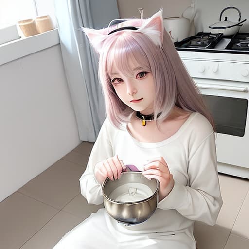  a woman the floor next to a bowl of milk, neko, anime visual of a cute cat, pet, cute anime cat, very beautiful cute cat, cat , anime with cat ears, wearing collar,