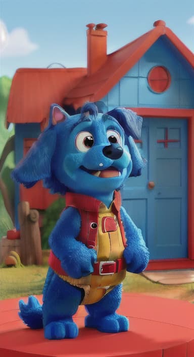  {Max the big blue dog standing in front of a cozy little house with a red door, The big blue dog is large with sky blue fur, big round eyes, a black nose, and floppy ears.