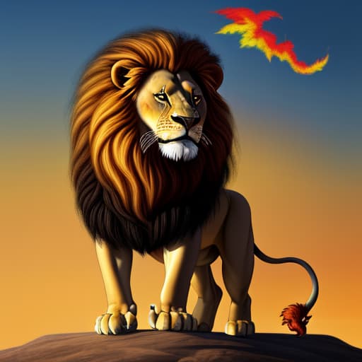  A lion face made of all colors standing tall with a phoenix flying behind him and the words {Lyin changes everything} below his paws