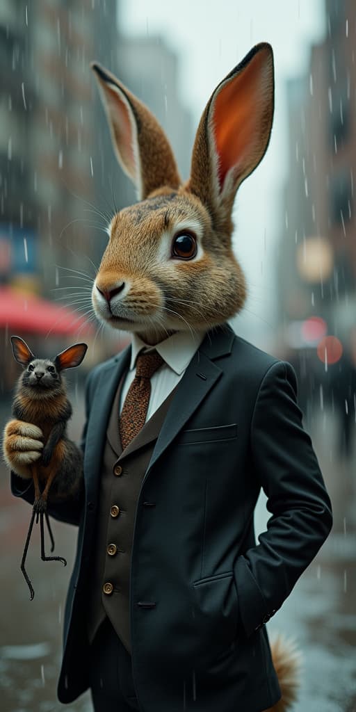  good quality, high quality, a stylish rabbit dressed in a suit, holding a bat under the rain, blending whimsy with urban elegance.