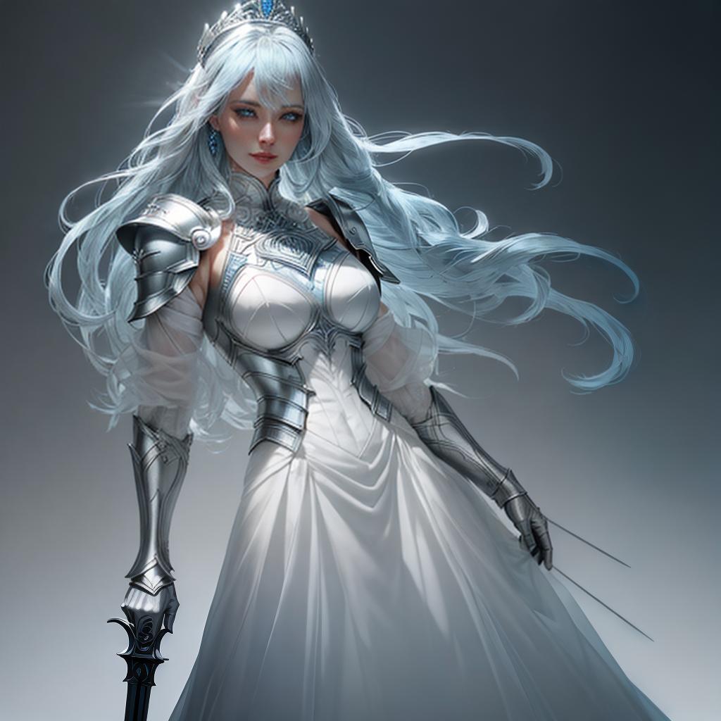  (solo:1.5), 1female, light blue hair, radiant blue eyes, white skin, cloth armor, white leather shoulder armor each hand holds dagger, queen tiara, ((full body)) hyperrealistic, full body, detailed clothing, highly detailed, cinematic lighting, stunningly beautiful, intricate, sharp focus, f/1. 8, 85mm, (centered image composition), (professionally color graded), ((bright soft diffused light)), volumetric fog, trending on instagram, trending on tumblr, HDR 4K, 8K