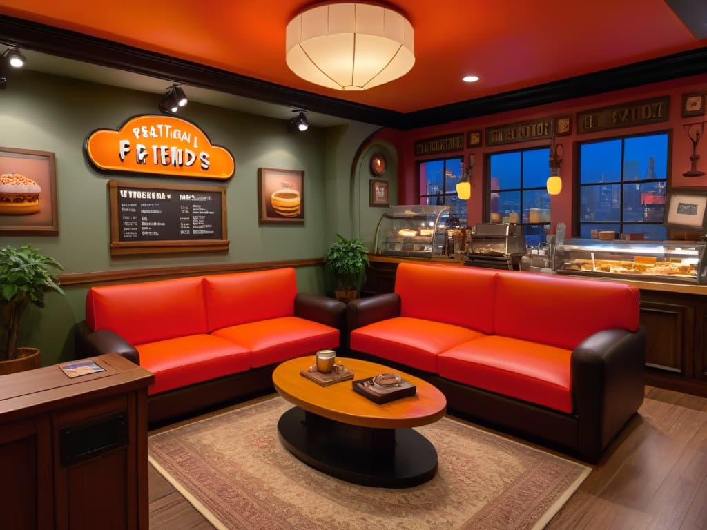  A photorealistic image of a cozy coffee shop setting inspired by the iconic Central Perk café from the TV show Friends. The image features a beautifully decorated display of Friendsthemed pastries and desserts, with intricate details like a replica of the famous orange couch, a sign with the Central Perk logo, and baristas dressed in outfits reminiscent of the show's characters. The warm lighting and inviting ambiance of the café evoke a sense of nostalgia and whimsy, making it a perfect spot for fans of the beloved series to enjoy delicious treats inspired by their favorite show. hyperrealistic, full body, detailed clothing, highly detailed, cinematic lighting, stunningly beautiful, intricate, sharp focus, f/1. 8, 85mm, (centered image composition), (professionally color graded), ((bright soft diffused light)), volumetric fog, trending on instagram, trending on tumblr, HDR 4K, 8K