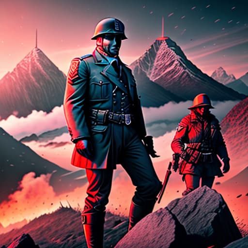  ADOLF HITLER AND NAZI VS LENIN AND UMI SOVIET IN WORLD WAR 2 hyperrealistic, full body, detailed clothing, highly detailed, cinematic lighting, stunningly beautiful, intricate, sharp focus, f/1. 8, 85mm, (centered image composition), (professionally color graded), ((bright soft diffused light)), volumetric fog, trending on instagram, trending on tumblr, HDR 4K, 8K