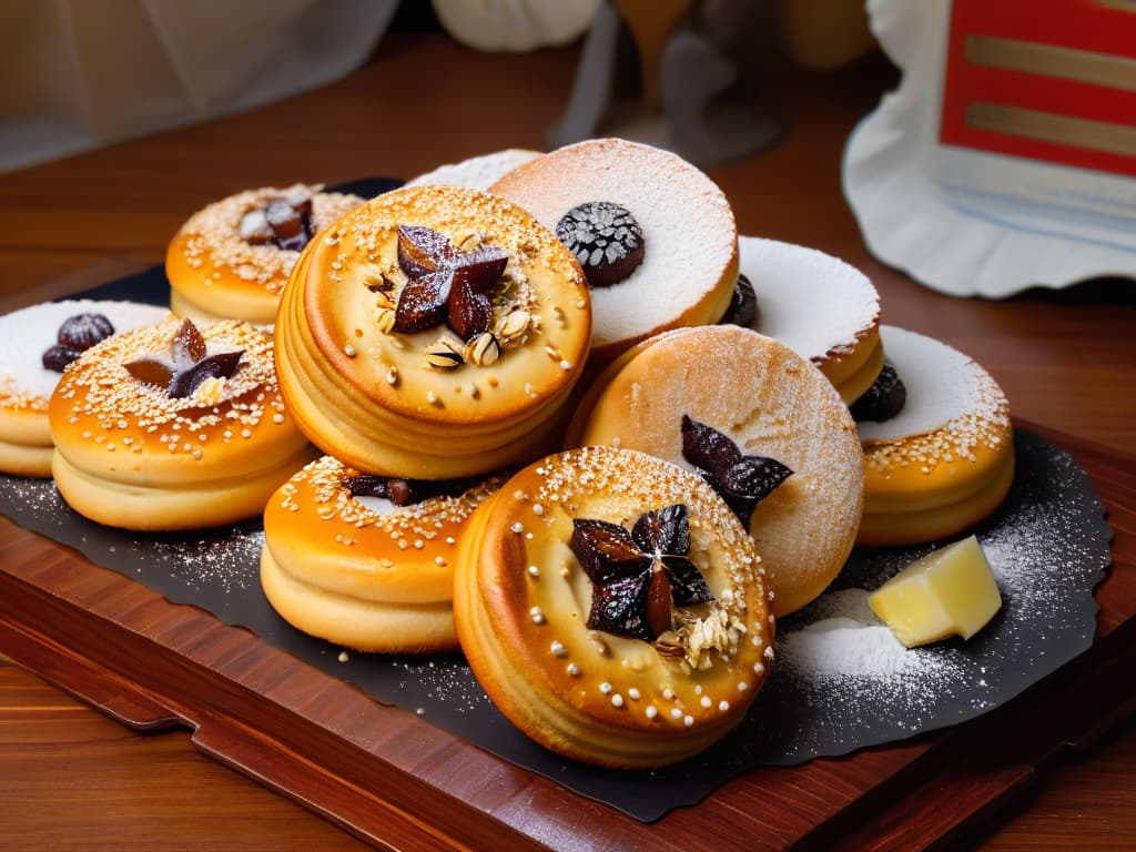  A closeup, ultradetailed image of freshly baked Kleicha cookies arranged beautifully on a rustic wooden table. The goldenbrown pastries are filled with sweet date paste and delicately sprinkled with aromatic sesame seeds. The soft, crumbly texture of the cookies is perfectly captured, showcasing the intricate patterns and designs on their surface. The warm, inviting colors and the intricate details of the Kleicha cookies make them look not only delicious but also visually stunning, embodying the essence of traditional Iraqi flavors and culinary craftsmanship. hyperrealistic, full body, detailed clothing, highly detailed, cinematic lighting, stunningly beautiful, intricate, sharp focus, f/1. 8, 85mm, (centered image composition), (professionally color graded), ((bright soft diffused light)), volumetric fog, trending on instagram, trending on tumblr, HDR 4K, 8K