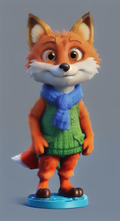  {Error the fox pressing the blue button with his paw, looking puzzled as nothing occurs., Error is a small, bright orange fox with a fluffy tail and big, inquisitive eyes. He has a mischievous yet kind expression and wears a tiny green scarf.