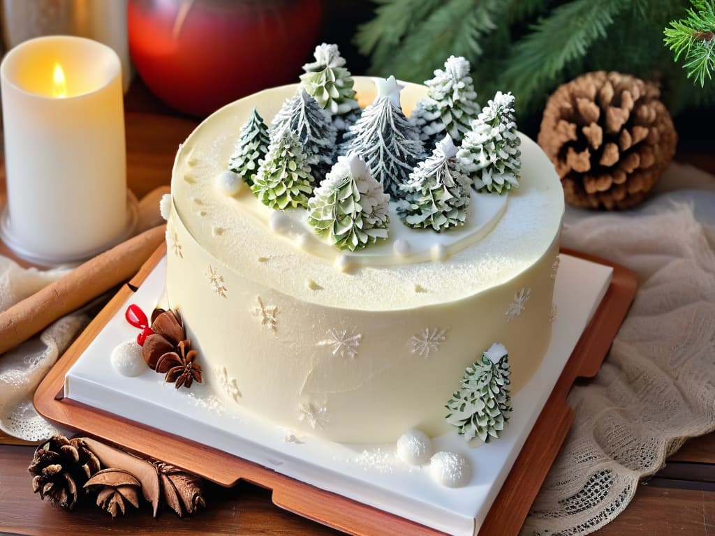  A photorealistic image of a beautifully decorated winterthemed carrot cake, featuring intricate frosting designs of snowflakes, pine trees, and a dusting of powdered sugar resembling snow on top. The cake is displayed on a rustic wooden table, surrounded by festive winter decor like cinnamon sticks, cranberries, and sprigs of holly. The lighting is warm and cozy, evoking a sense of holiday cheer and culinary artistry. hyperrealistic, full body, detailed clothing, highly detailed, cinematic lighting, stunningly beautiful, intricate, sharp focus, f/1. 8, 85mm, (centered image composition), (professionally color graded), ((bright soft diffused light)), volumetric fog, trending on instagram, trending on tumblr, HDR 4K, 8K