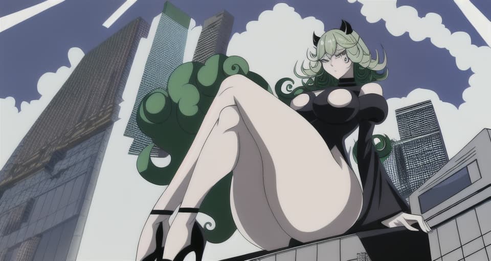  giantess tatsumaki giant ass sitting on a skyscraper, destroying the building, thick toned legs, heels, clumsy, huge ass crushing a building, view from below her, planted ass, bare legs, curvy toned legs