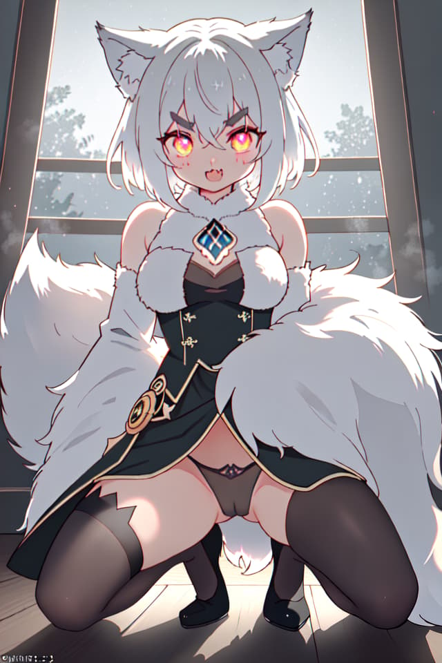  ((Messy Wolf Cut Hair: 1.6, Glowing Eyes)), (((V Shaped Eyebrows: 1.4, Fang Gring: 1.2))), Multiple Wolf Girls Reola, FUR & FURS, Open Legs Squating, Absurdres, masterpieces, ultimate quality, beauty, diffusion lighting, detailed skin texture, the best shadow, very detailed, 8k Wallpaper, Raw tic Detailed, Dutch Angle, 💩, 💩, hyperrealistic, full body, detailed clothing, highly detailed, cinematic lighting, stunningly beautiful, intricate, sharp focus, f/1. 8, 85mm, (centered image composition), (professionally color graded), ((bright soft diffused light)), volumetric fog, trending on instagram, trending on tumblr, HDR 4K, 8K