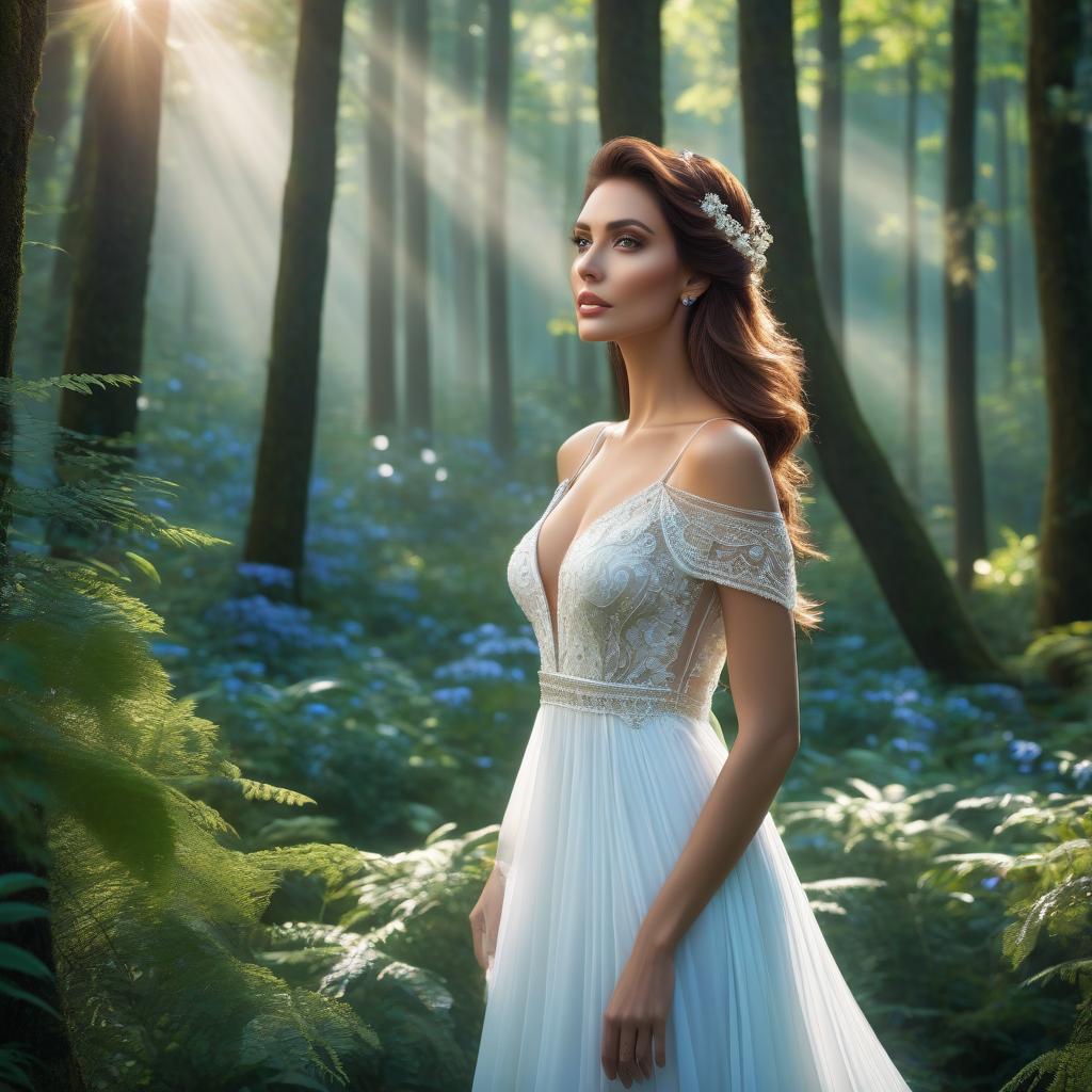  A young , a radiant lady, eigh year, in a simple white dress, nut brown hair, hair ided into a long tail, against a forest background, looking at the sky, a clear focus, bright and distinct eyes, well drawn features, bright and live eyes, a beautiful portrait ilration, a portrait in the style of fantasy, without makeup, without cosmetics on the face, blue and white reflections, bright colors, bright eyes, fantastic art, elaborate design, highly detailed, clear focus, 8K, high resolution, elegant, hyperrealistic, full body, detailed clothing, highly detailed, cinematic lighting, stunningly beautiful, intricate, sharp focus, f/1. 8, 85mm, (centered image composition), (professionally color graded), ((bright soft diffused light)), volumetric fog, trending on instagram, trending on tumblr, HDR 4K, 8K