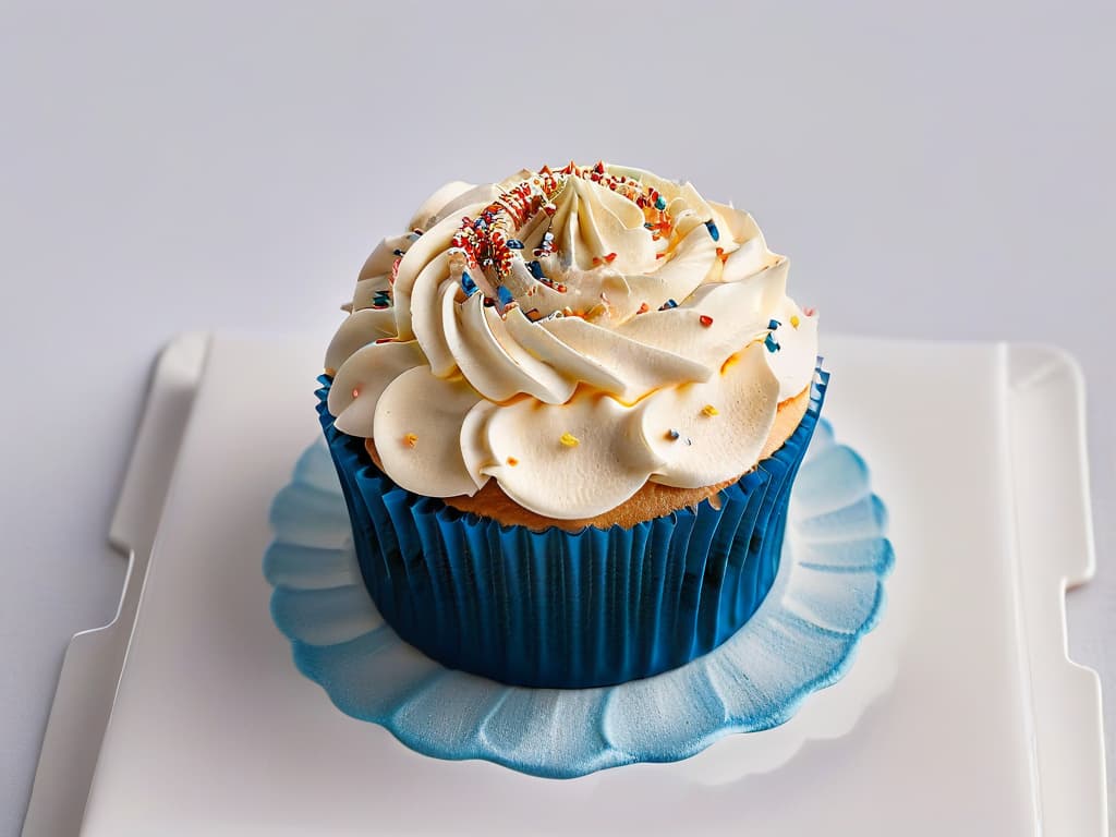  A closeup, ultradetailed image of a perfectly frosted cupcake with delicate sprinkles arranged in a mesmerizing pattern on top. The frosting is smooth and glossy, reflecting soft light, while the sprinkles glisten, showcasing a variety of colors and shapes. The cupcake sits on a sleek, modern, white ceramic plate, adding a touch of elegance to the overall minimalist composition. hyperrealistic, full body, detailed clothing, highly detailed, cinematic lighting, stunningly beautiful, intricate, sharp focus, f/1. 8, 85mm, (centered image composition), (professionally color graded), ((bright soft diffused light)), volumetric fog, trending on instagram, trending on tumblr, HDR 4K, 8K