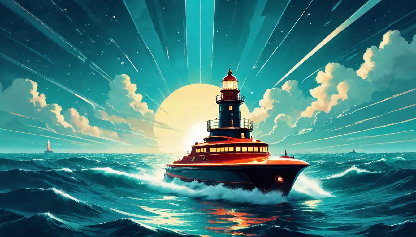  retro futuristic Tiny boat adrift in an expansive sea, distant lighthouse a beacon of hope, representing the search for belonging lvintage sci fi, 50s and 60s style, atomic age, vibrant, highly detailed