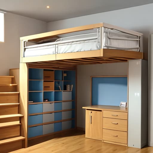  Four meters high loft design above the bed below the desk, stairs are wooden cabinets