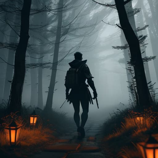  On a dark night, a young villager advances towards that place in search of the truth of the haunted well, armed only with a dim lantern and trembling resolve. hyperrealistic, full body, detailed clothing, highly detailed, cinematic lighting, stunningly beautiful, intricate, sharp focus, f/1. 8, 85mm, (centered image composition), (professionally color graded), ((bright soft diffused light)), volumetric fog, trending on instagram, trending on tumblr, HDR 4K, 8K