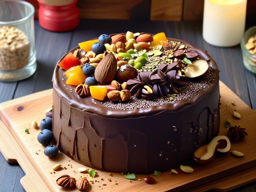  A closeup, photorealistic image of a decadent chocolate cake topped with a colorful array of various seeds and nuts, including chia seeds, flaxseeds, almonds, and walnuts. The cake is beautifully styled on a rustic wooden platter, with small piles of additional seeds and nuts scattered around it, enhancing the visual appeal and adding a touch of natural elegance to the dessert. The lighting is soft and warm, highlighting the textures and colors of the seeds and nuts, making the image visually captivating and enticing for the viewers. hyperrealistic, full body, detailed clothing, highly detailed, cinematic lighting, stunningly beautiful, intricate, sharp focus, f/1. 8, 85mm, (centered image composition), (professionally color graded), ((bright soft diffused light)), volumetric fog, trending on instagram, trending on tumblr, HDR 4K, 8K