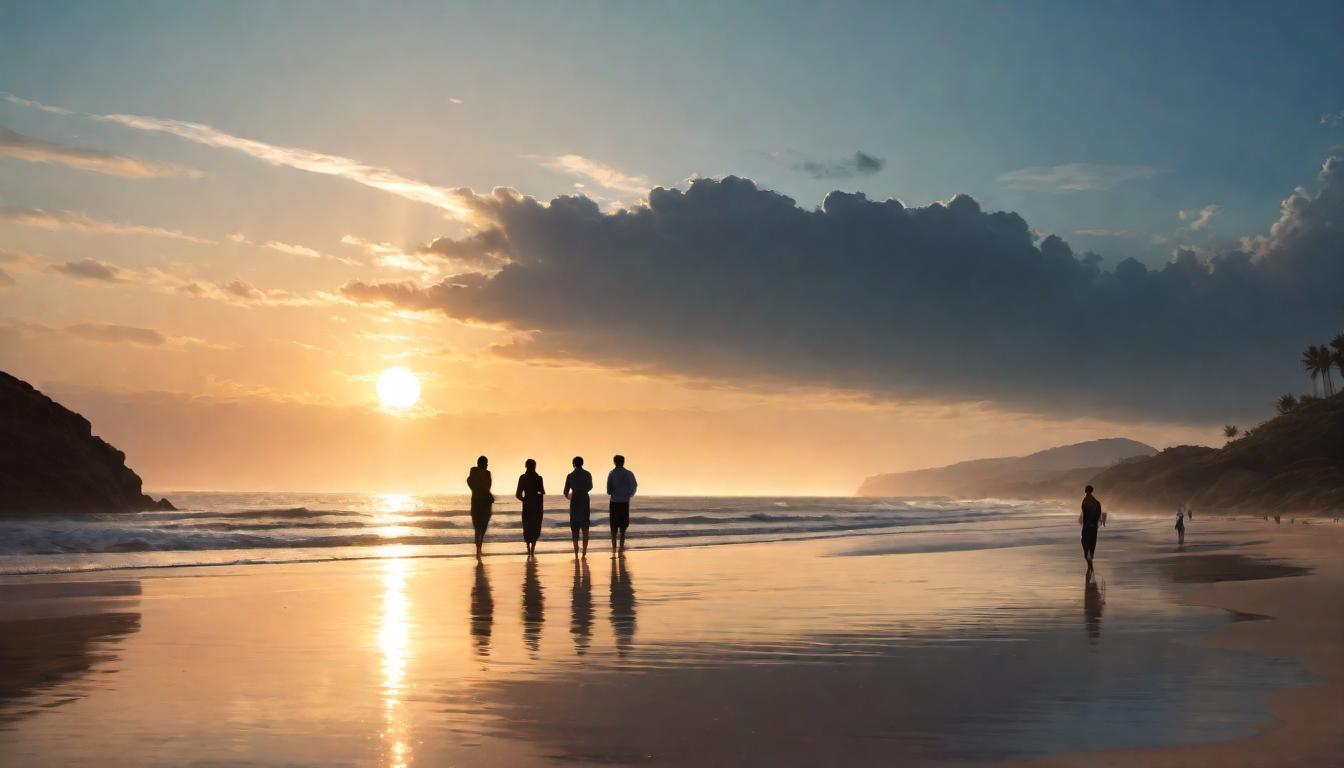  digital illustration A gathering of silhouetted figures on a beach at sunset, rays of light weaving through them, unity in contemplation, collective enlightenment, peaceful coalescence, horizons blended, shared tranquil moment looking at viewer, dynamic pose, (intricate details, masterpiece, best quality)