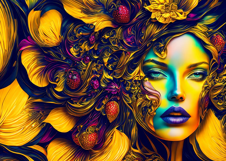 IN THE STYLE OF <MAGIFACTORY> a mural of woman on a yellow wall with fruit on her head, in the style of ingrid baars, 32k uhd, benin art, melting pots, paolo veronese, commission for, chiaroscuro portraitures ar 3:4 hyperrealistic, full body, detailed clothing, highly detailed, cinematic lighting, stunningly beautiful, intricate, sharp focus, f/1. 8, 85mm, (centered image composition), (professionally color graded), ((bright soft diffused light)), volumetric fog, trending on instagram, trending on tumblr, HDR 4K, 8K