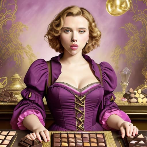  Attractive happy Scarlett Johansson (revealing colorful desiner dress)(pink cheeks)(Baroque lighting)(Superrealism)(painted in the style of Édouard Manet)(Foreground: open box of fine dark chocolates on a small serving table)