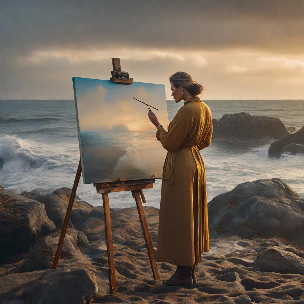  female artist painting by the sea colored paints. hyperrealistic, full body, detailed clothing, highly detailed, cinematic lighting, stunningly beautiful, intricate, sharp focus, f/1. 8, 85mm, (centered image composition), (professionally color graded), ((bright soft diffused light)), volumetric fog, trending on instagram, trending on tumblr, HDR 4K, 8K