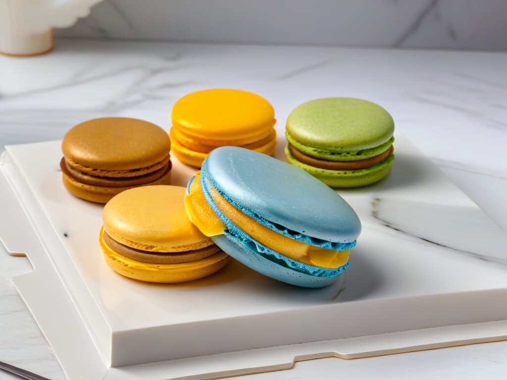  An ultradetailed image of a delicate, pastelcolored macaron and a goldenbrown madeleine placed side by side on a sleek, modern marble surface. The macaron is perfectly smooth with a glossy finish, showcasing its intricate layers and vibrant hue, while the madeleine boasts a slightly crispy edge and a soft, spongy interior. The lighting is soft yet highlights the textures and colors of both pastries, emphasizing the contrast between the two iconic French treats in a visually stunning, minimalist composition. hyperrealistic, full body, detailed clothing, highly detailed, cinematic lighting, stunningly beautiful, intricate, sharp focus, f/1. 8, 85mm, (centered image composition), (professionally color graded), ((bright soft diffused light)), volumetric fog, trending on instagram, trending on tumblr, HDR 4K, 8K