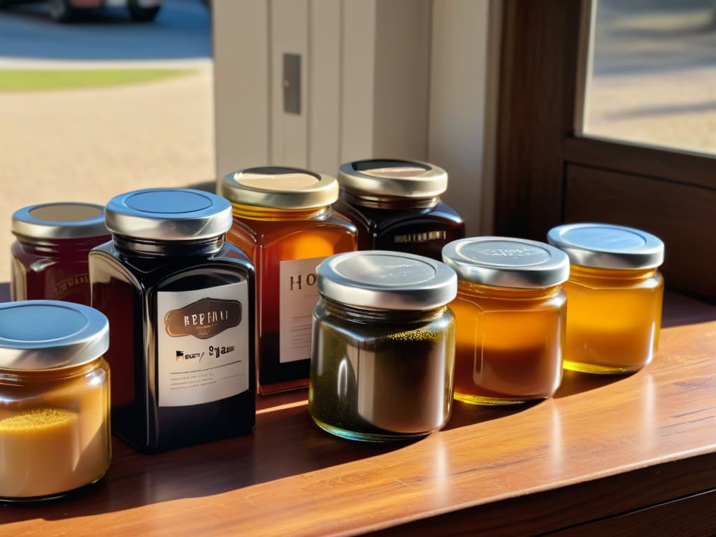  An elegant, minimalistic image of a variety of natural sweeteners beautifully arranged on a rustic wooden table. From honey and maple syrup to stevia and coconut sugar, each sweetener is displayed in clear glass jars with handwritten labels. Soft, natural light filters through a nearby window, casting gentle shadows and highlighting the textures and colors of the sweeteners. The image exudes a sense of warmth, authenticity, and the beauty of natural ingredients, perfect for a professional and inspiring article on choosing the best natural sweetener for each dessert. hyperrealistic, full body, detailed clothing, highly detailed, cinematic lighting, stunningly beautiful, intricate, sharp focus, f/1. 8, 85mm, (centered image composition), (professionally color graded), ((bright soft diffused light)), volumetric fog, trending on instagram, trending on tumblr, HDR 4K, 8K