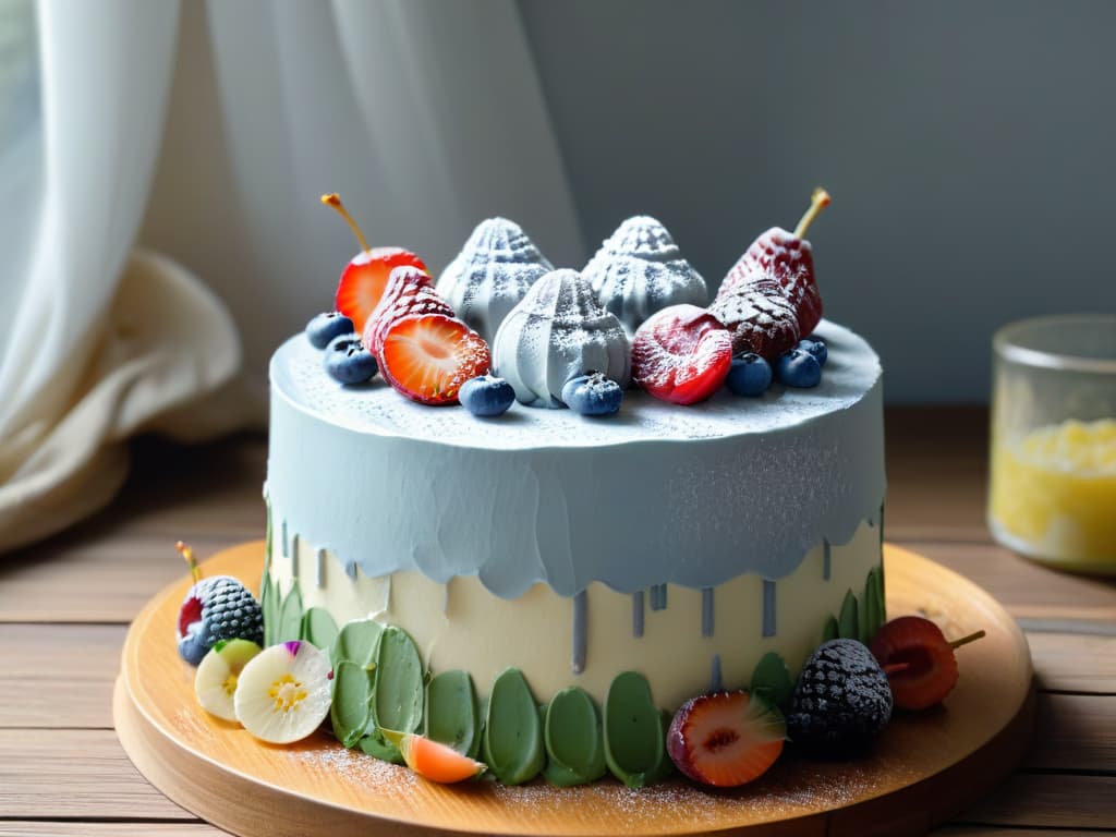  A photorealistic image of a beautifully decorated vegan cake, featuring layers of moist sponge, vibrant fresh fruits cascading down the sides, and delicate edible flowers adorning the top. The cake is placed on a rustic wooden table, with soft natural light filtering through a nearby window, highlighting the textures and colors of the dessert. The attention to detail in the decoration and the overall composition of the image evoke a sense of elegance and indulgence, perfect for complementing the informative article on natural sweeteners in vegan baking. hyperrealistic, full body, detailed clothing, highly detailed, cinematic lighting, stunningly beautiful, intricate, sharp focus, f/1. 8, 85mm, (centered image composition), (professionally color graded), ((bright soft diffused light)), volumetric fog, trending on instagram, trending on tumblr, HDR 4K, 8K