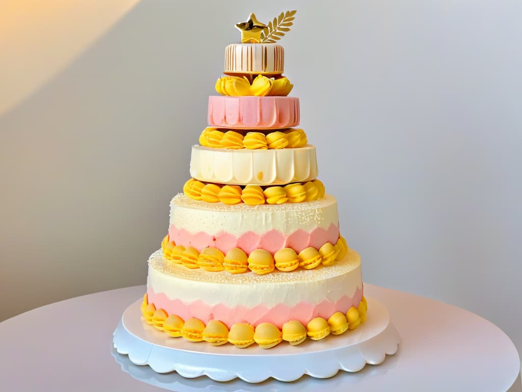  A closeup, ultradetailed image of a delicate, intricately designed macaron tower featuring vibrant pastel colors, shimmering with edible gold leaf details, set against a clean, white background. The macarons are perfectly aligned in a pyramid shape, showcasing the artistry and precision that goes into creating these exquisite French pastries. Each macaron is adorned with intricate patterns and designs, highlighting the craftsmanship and attention to detail that are synonymous with this celebrated dessert. hyperrealistic, full body, detailed clothing, highly detailed, cinematic lighting, stunningly beautiful, intricate, sharp focus, f/1. 8, 85mm, (centered image composition), (professionally color graded), ((bright soft diffused light)), volumetric fog, trending on instagram, trending on tumblr, HDR 4K, 8K