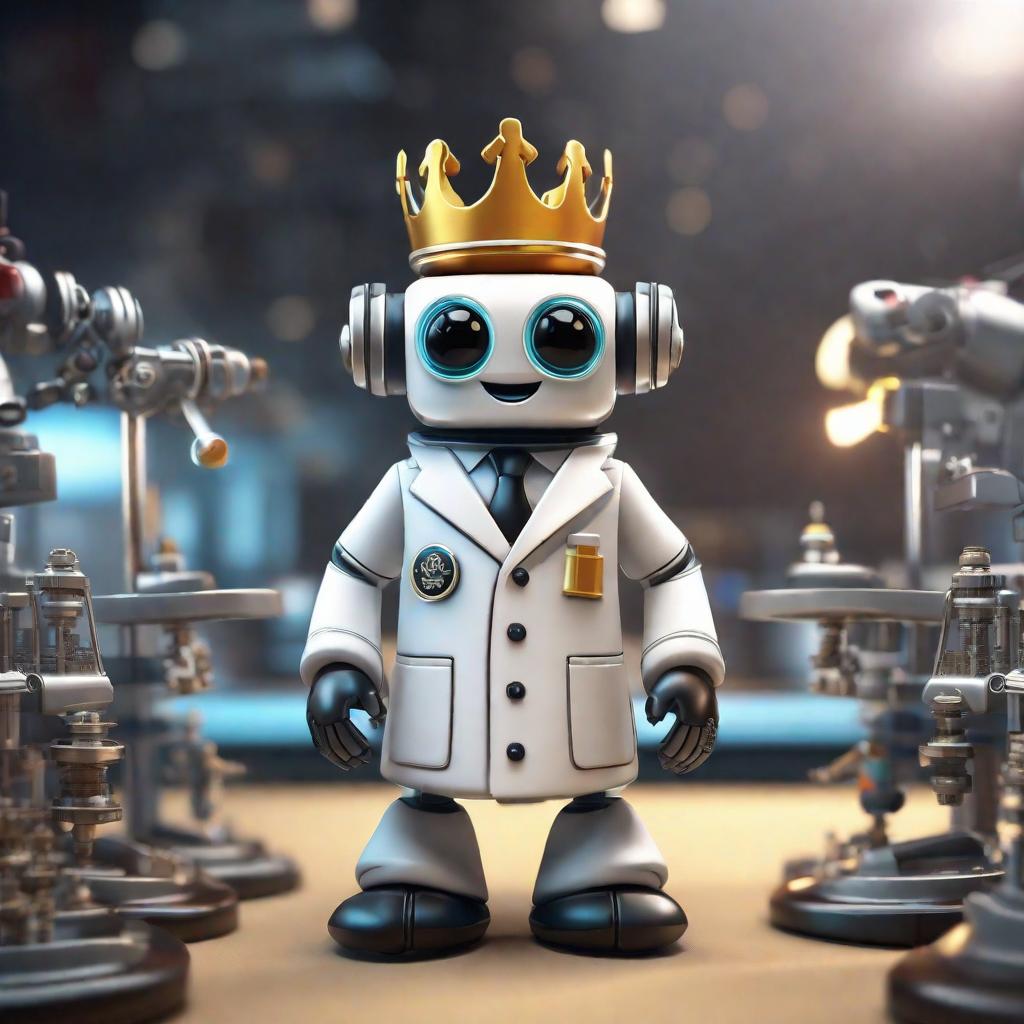  A cute cartoon of a cute bot, in lab coat, with crowns in head hyperrealistic, full body, detailed clothing, highly detailed, cinematic lighting, stunningly beautiful, intricate, sharp focus, f/1. 8, 85mm, (centered image composition), (professionally color graded), ((bright soft diffused light)), volumetric fog, trending on instagram, trending on tumblr, HDR 4K, 8K