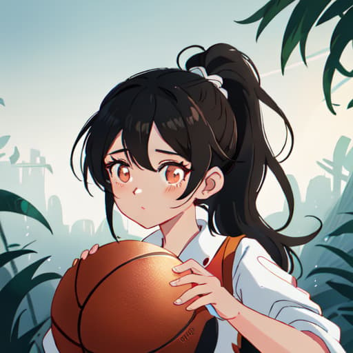  anime girl black hair bright dark brown eyes red and white basketball uniform with the number 18 and the name Nicky white and black shoes Have your hair in a medium high ponytail with two strands on the sides of your ears, have a basketball and look full body Pastel Palette, Da Vinci's Dreams, Picasso's , Sunrise Splendors, Floral Fantasy, Mystical Moonscapes, Urban Nature, Crystal Clear, Cinematic hyperrealistic, full body, detailed clothing, highly detailed, cinematic lighting, stunningly beautiful, intricate, sharp focus, f/1. 8, 85mm, (centered image composition), (professionally color graded), ((bright soft diffused light)), volumetric fog, trending on instagram, trending on tumblr, HDR 4K, 8K