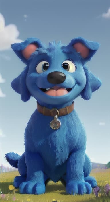  {A happy, big blue dog wagging its tail in a colorful meadow, The big blue dog is large with sky blue fur, big round eyes, a black nose, and floppy ears.