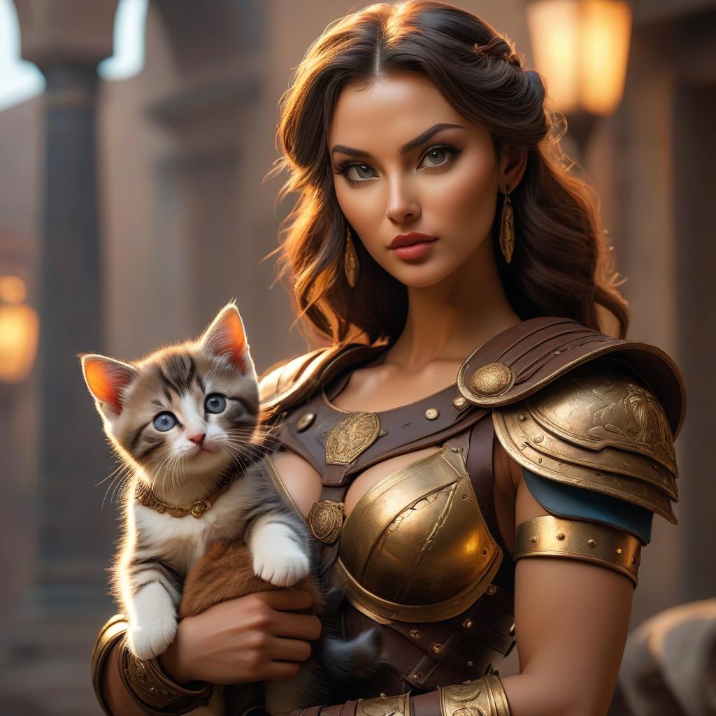  The Club of Romance, The Gladiator with a Kitten hyperrealistic, full body, detailed clothing, highly detailed, cinematic lighting, stunningly beautiful, intricate, sharp focus, f/1. 8, 85mm, (centered image composition), (professionally color graded), ((bright soft diffused light)), volumetric fog, trending on instagram, trending on tumblr, HDR 4K, 8K